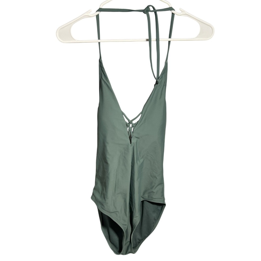 Xhilaration‎ Women's Sage Green Lace-Up Halter One Piece Swimsuit Size M